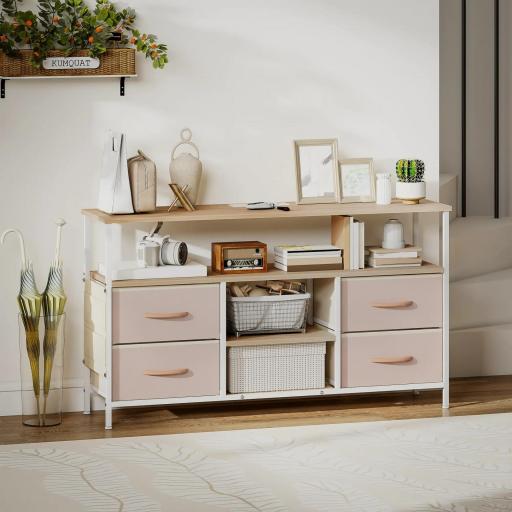 Mueble de TV con Luz LED y Enchufes Puertos USB Estantes Abiertos 4 Cajones plegables 120x30x67,5 cm Beige y Blanco [7]