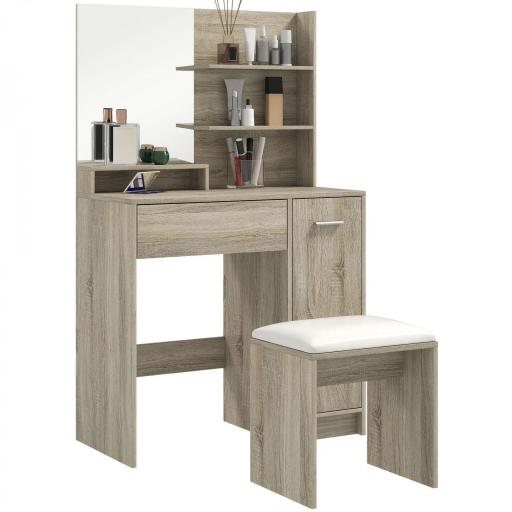 Tocador de Maquillaje con Taburete Espejo Estantes Abiertos Cajón y Estante Ajustable Anti-vuelco Natural y Beige [9]