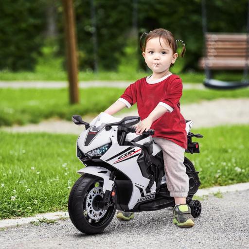 Moto Eléctrica con Licencia HONDA para 3-5 Años con Faros Bocina Música y Ruedas Auxiliares 90x44x52 cm Blanco