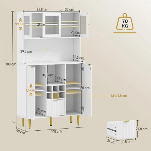 Alacena de Cocina Moderna con Armarios Cajón Botellero y Puertas de Vidrio y Estantes Ajustables 100x40x180 cm Blanco [1]