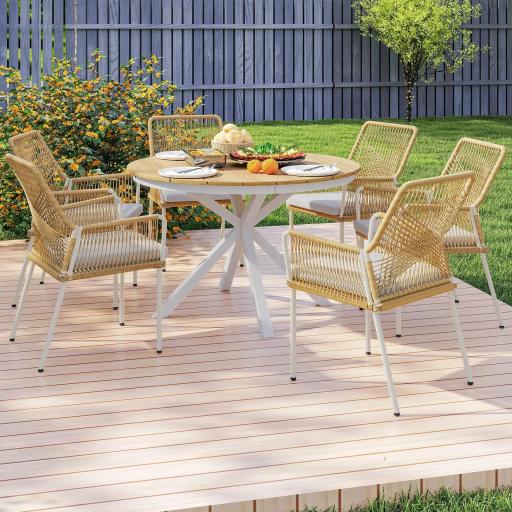 Mesa de Jardín Redonda de Ø118x74cm con Encimera de Lamas Estructura de Aluminio y Patas Cruzadas Teca y Blanco