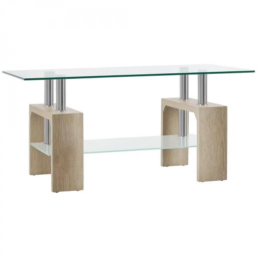 Mesa de Centro Rectangular de Vidrio con Estante Patas de Madera Estilo Moderno 90x50x42 cm Madera Natural [8]