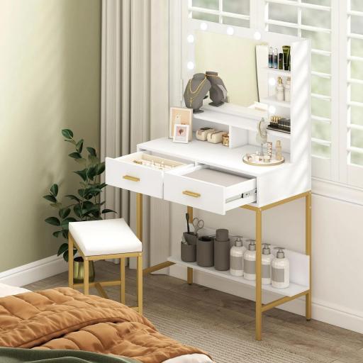 Tocador de Maquillaje con Luz y Taburete Mesa de Maquillaje con 2 Cajones y Estantes de Almacenamiento Blanco