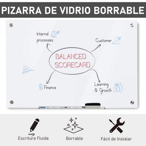 Pizarra de Cristal con Bandeja Pizarra de Pared sin Marco Incluye 4 Rotuladores y Borrador 90x60x0,45 cm Blanco [2]