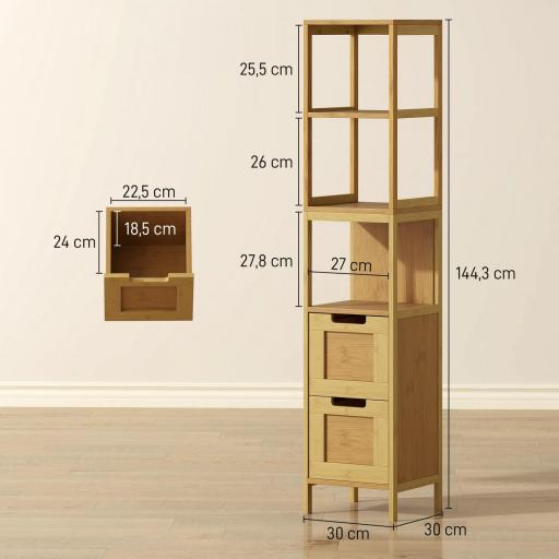Armario Alto para Baño con 3 Estantes y 2 Cajones de Bambú Estilo Moderno 30x30x144,3 cm Natural [1]