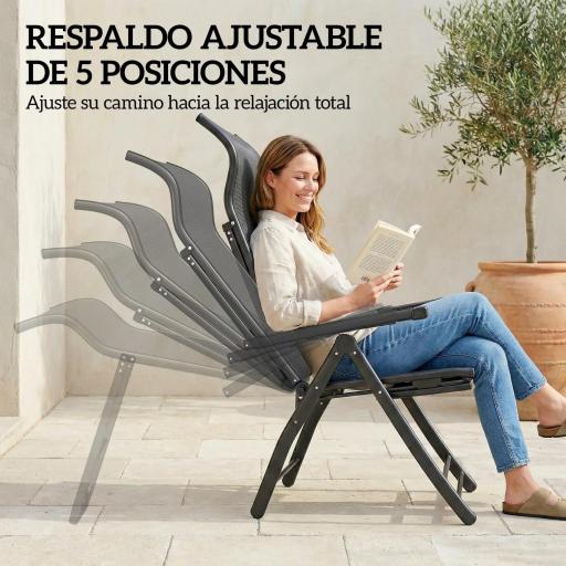 Pack de 2 Sillas Plegables Reclinables de Jardín Exterior con Respaldo Alto Ajustable en 5 Posiciones Reposapiés Gris [3]