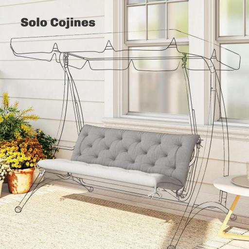Cojín para Banco de Jardín con Respaldo Relleno Grueso y Cintas de Sujeción para Interior y Exterior 150x98x8 cm Gris
