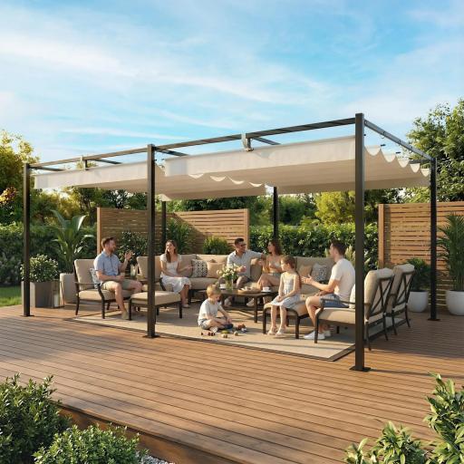 Pérgola de Jardín 6x3 m con Techo Retráctil Protección UPF50+ Drenaje Cenador de Jardín para Patio Exterior Crema [3]