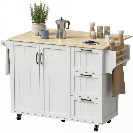 Isla de Cocina con Encimera Extensible Estación de Carga Ruedas 2 Puertas 3 Cajones Especiero y Toallero Blanco [9]