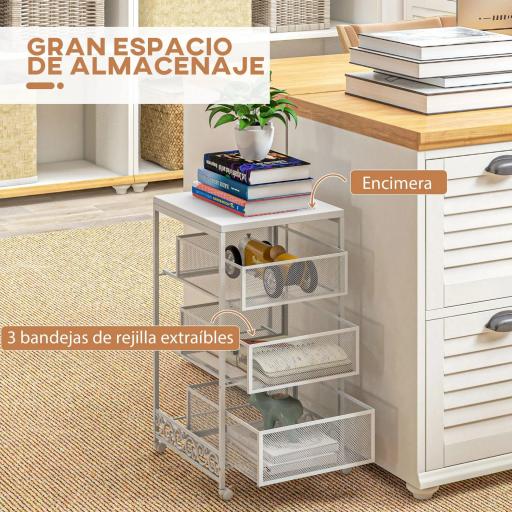 Carrito de Almacenamiento con Ruedas de 3 Niveles con 3 Cesta de Almacenamiento para Salón Comedor 34x29,5x57,5cm Blanco [2]