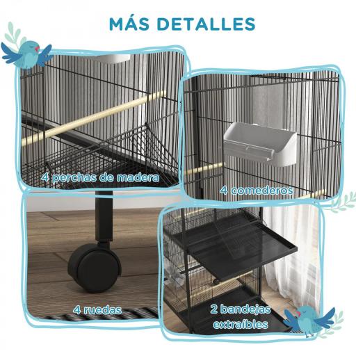 Jaula para Pájaros Grande de 2 Pisos Convertible en Sola Jaula con Ruedas Comederos 4 Perchas 78x75x168 cm Negro [2]