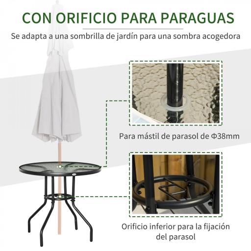 Mesa de Exterior Ø80x72 cm con Agujero para Sombrilla y Encimera de Vidrio Templado para Patio Terraza Negro [2]