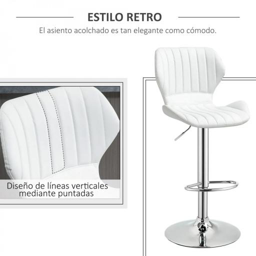 Juego de 2 Taburetes Altos de Cocina y Giratorio Taburetes Altos de Cuero Sintético con Respaldo y Estructura de Metal 47x51,5x92-114 cm Blanco [5]