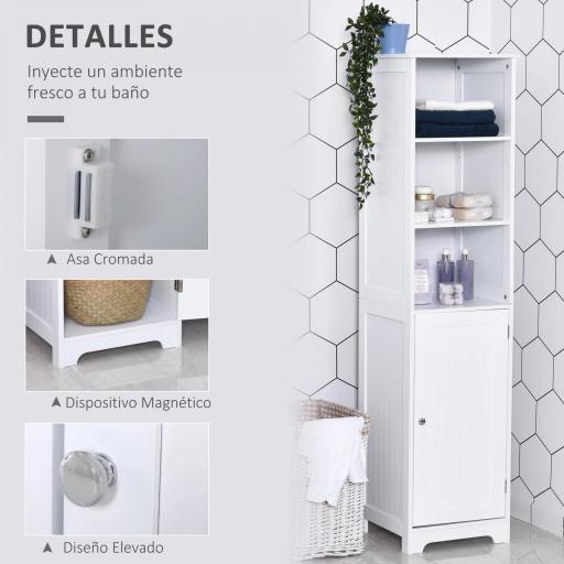 Armario Alto de Baño de 5 Niveles Columna Auxiliar de Baño con 3 Estantes 1 Puerta y Balda Ajustable 40x38x160 cm Blanco  [5]