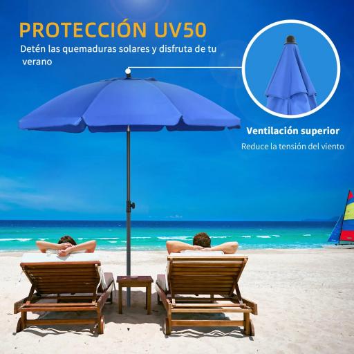 Sombrilla de Playa con Protección UV50+ Mástil de Ø32 mm y Toldo Ajustable Ø180x209 cm Azul [2]