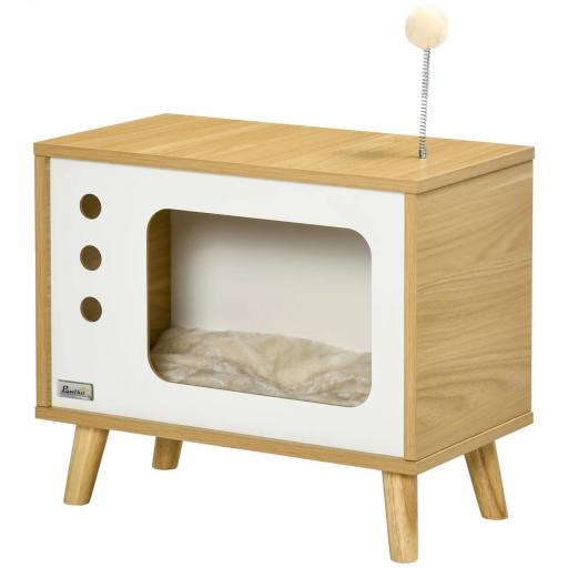 Cama Cueva para Gatos Estilo Televisor con Cojín Lavable y Bola de Juguete 50x28x43 cm Roble [8]
