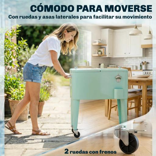 Carro de Bebidas Refrigerado 56L con Ruedas Abrebotellas Recogetapas y Asa para Patio Fiesta 75x35x78 cm Verde Claro [6]