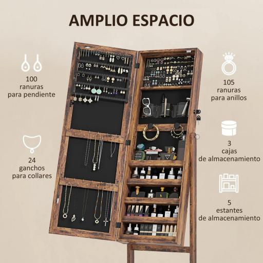 Espejo Joyero con Luces LED Inclinado en 3 Ángulos Cierre Magnético Cerradura con 2 Llaves Marrón Rústico [5]