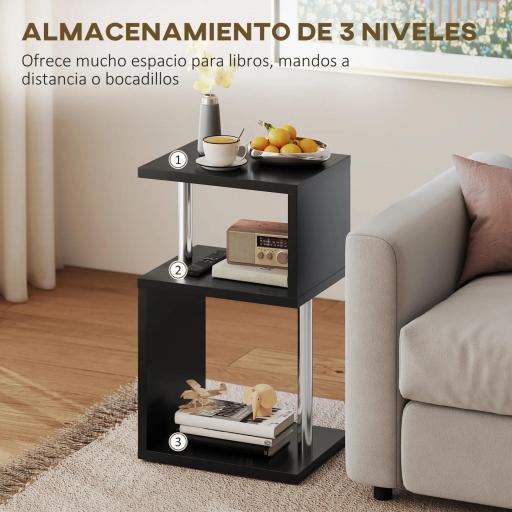 Mesa Auxiliar con Luz LED de 3 Niveles con Estantes y Estructura de Aluminio para Salón Dormitorio 44x38x75 cm Negro [1]