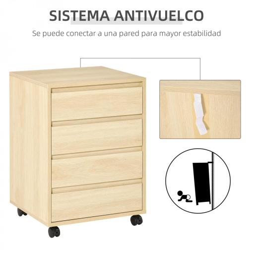 Cajonera de Oficina con 4 Cajones Cajonera de Escritorio con Ruedas para Estudio 46x40x65 cm Natural [3]