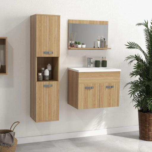 Conjunto de Muebles de Baño de Pared 3 Piezas Incluye Espejo Armario con Lavabo Cerámico y Columna de Baño Natural [0]