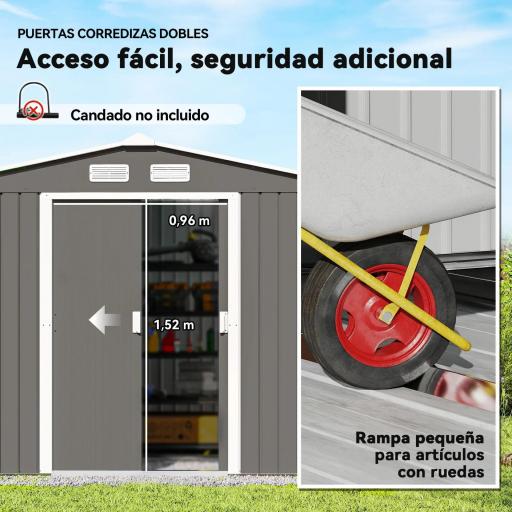 Cobertizo de Jardín 4,9 m² 277x195x192 cm con 2 Puertas Corredizas Base Refuerzo (Suelo NO Incluido) Gris [2]