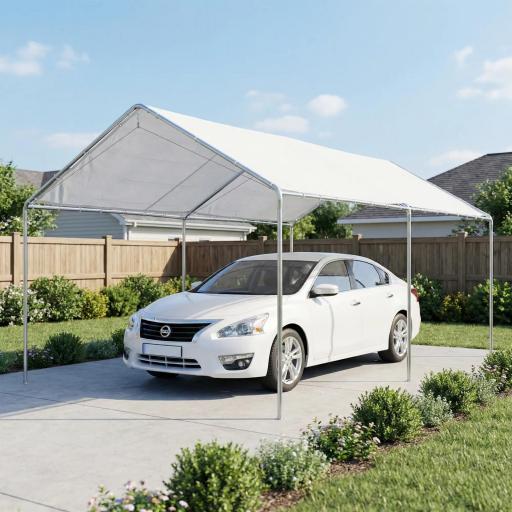 Carpa Garaje para Coche 3x6 m Cochera Portátil Impermeable con Toldo de Tela PE y Marco de Acero Galvanizado Blanco [7]