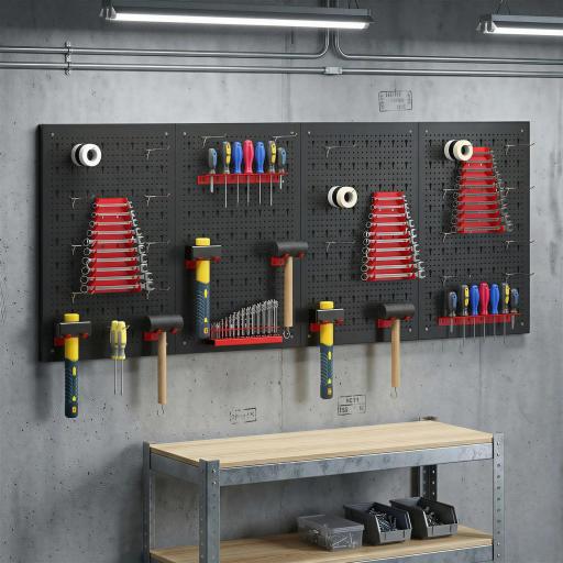 4 Paneles de Herramientas de Pared 38 Piezas cada panel 60x40 cm con Ganchos y Estantes Negro y Rojo