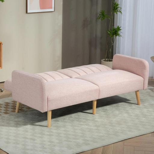 Sofá Cama de 3 Plazas Rosa Pastel Tapizado en Lino Sintético con Respaldo Ajustable y Reposabrazos Desmontables 173x75x73 cm Rosa [6]