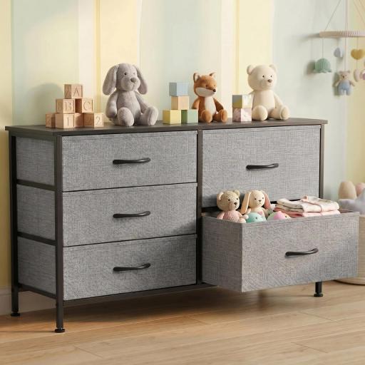 Cómoda con 5 Cajones de Tela Cómoda para Dormitorio Marco de Acero Cajonera para Salón Oficina Gris Oscuro y Negro [2]