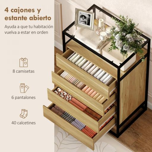 Cómoda Dormitorio con 4 Cajones Superficie de Vidrio Templado Estante Abierto Estructura de Acero 60x40x94,5 cm Teca [2]