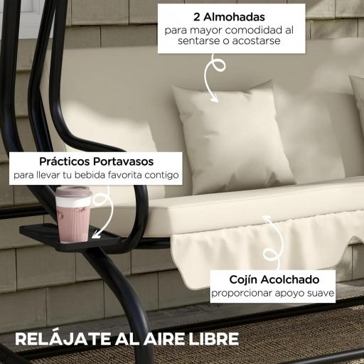 Balancín de Jardín Exterior de 3 Plazas Convertible en Cama con Toldo Ajustable y 2 Almohadas Carga 340 kg Crema [7]