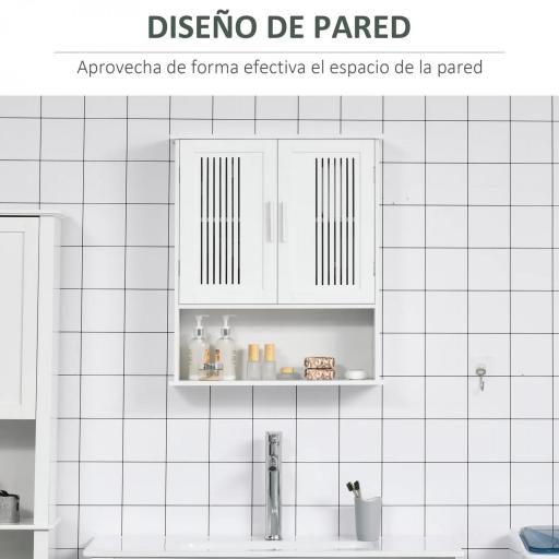 Armario de Pared para Baño Multiusos con Estante Ajustable Puertas de Listones y Compartimento 60x20x70 cm Blanco [2]