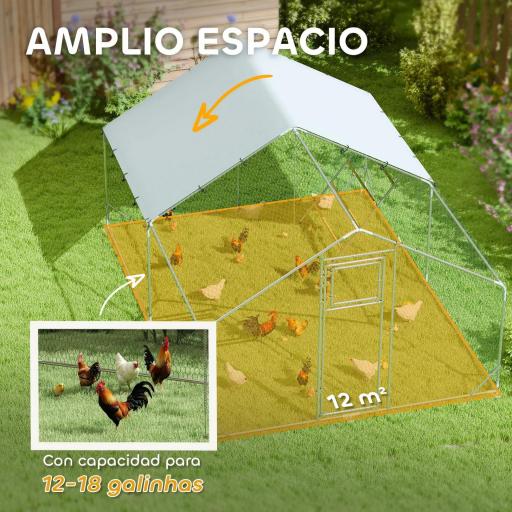 Gallinero Metálico de Exterior de 3x4m con Percha Multiusos Comedero Colgante Tipo Brocheta y Lona Protectora Resistente [3]