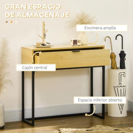 Mesa Consola con Cajón Consola Auxiliar Moderna Mesa de Entrada con Patas de Acero para Pasillo Salón 80x30x76cm Natural [2]