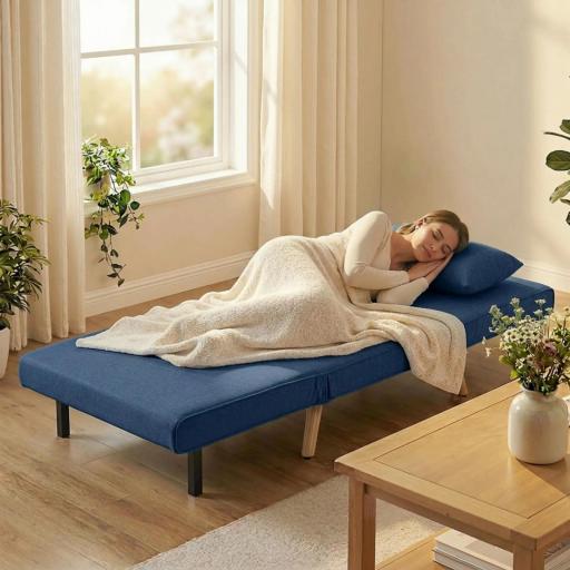 Sofá Cama Individual Plegable con Respaldo Ajustable 5 Posiciones Sillón Cama Tapizado con Cojín 72x75x85 cm Azul [4]