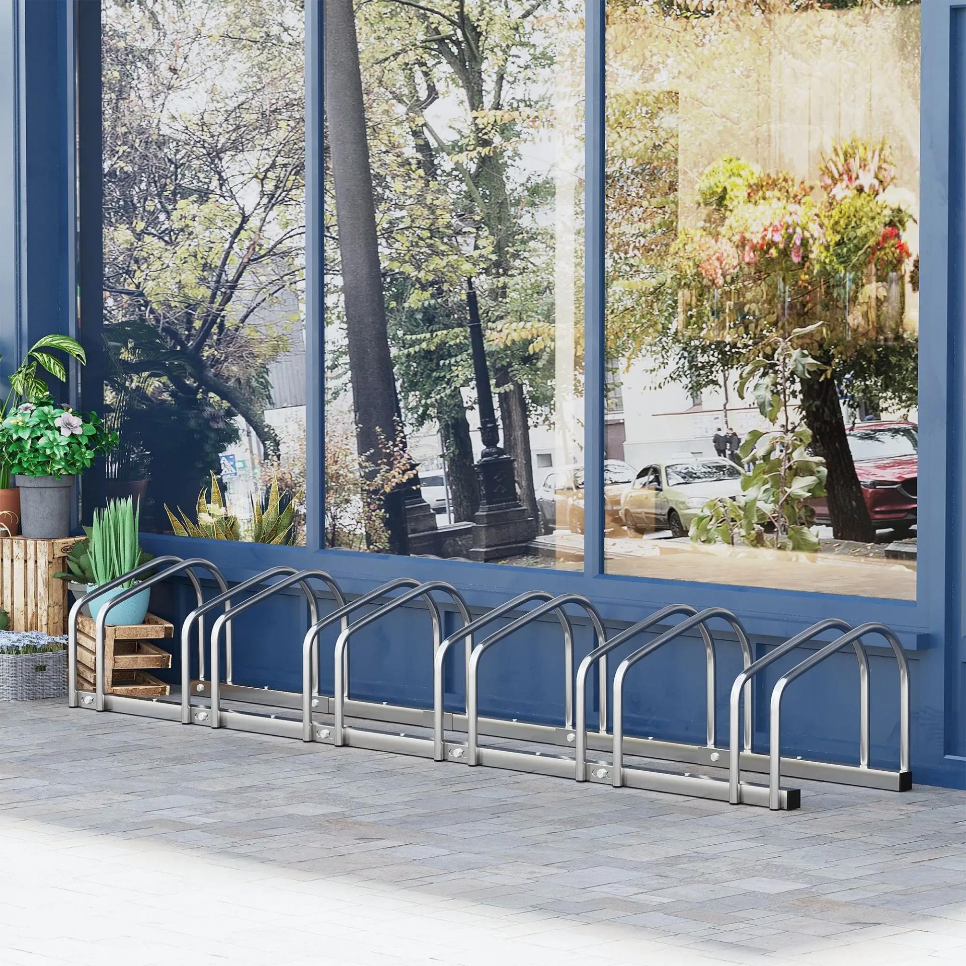 Aparcamiento para 6 Bicicletas Soporte de Acero para Aparcar Bicicletas en el Suelo o Pared 179x33x27 cm Plata
