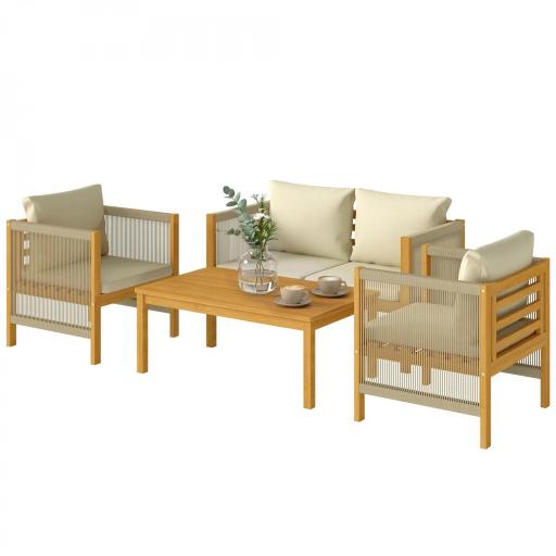Conjunto de Muebles de Jardín de 4 Piezas con Sofá 2 Plazas 2 Sillones Mesa de Madera Cojines y Cuerda PP Beige [8]