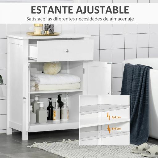 Armario de Baño con 1 Cajón 2 Puertas y Estante Interior Ajustable Mueble Auxiliar de Almacenaje Multifuncional para Salón Cocina Antivuelco 60x30x80 cm Blanco [5]