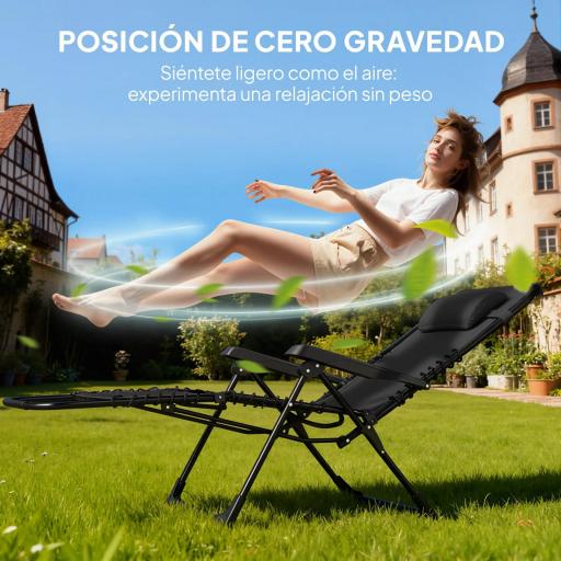 Set de 2 Tumbonas Jardín Exterior Plegables de Gravedad Cero con Mesa Auxiliar con Portavasos Reposacabezas Negro [2]