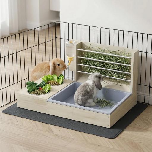 Comedero de Heno de Conejos con Bandeja Alimentador de Heno de Madera con Cuenco de Acero Inoxidable y Botella de Agua [7]