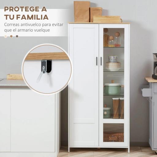 Alacena de Cocina Mueble Auxiliar de Cocina con Puerta de Vidrio y Estantes Ajustables para Comedor 76x36x160 cm Blanco [4]