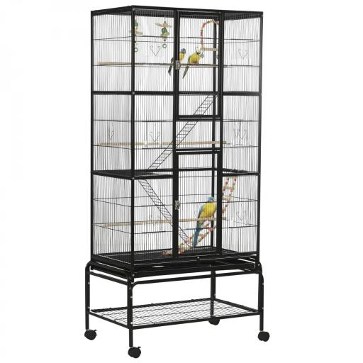 Jaula para Pájaros con Ruedas 83x53x180 cm Pajarera Metálica de 3 Niveles con 3 Perchas Comederos Juguetes Rampas Negro [9]