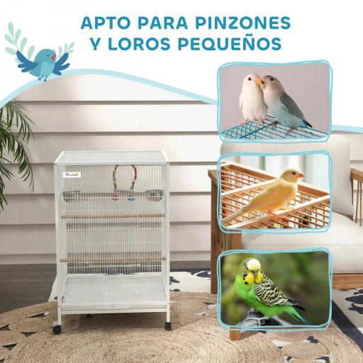 Jaula para Pájaros con Ruedas con Comederos Perchas Columpio y Bandeja Extraíble 48x46x78 cm Blanco [6]