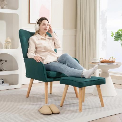 Sillón con Reposapiés Sillón Lectura con Respaldo Alto Capitoné Patas de Madera y Tapizado en Lino Verde Oscuro