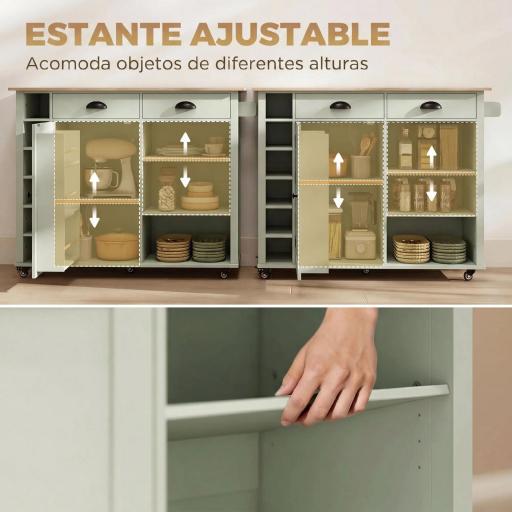 Isla de Cocina con Ruedas Tapa Abatible Especiero Toallero Armario 2 Cajones 117,5x70x91 cm Verde Claro [2]