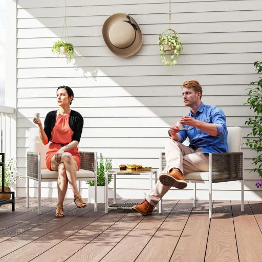 Juego de 2 Sillas y Mesa de Ratán con Cojines Acolchados y Encimera de Vidrio para Balcón Terraza Marrón y Crema [1]