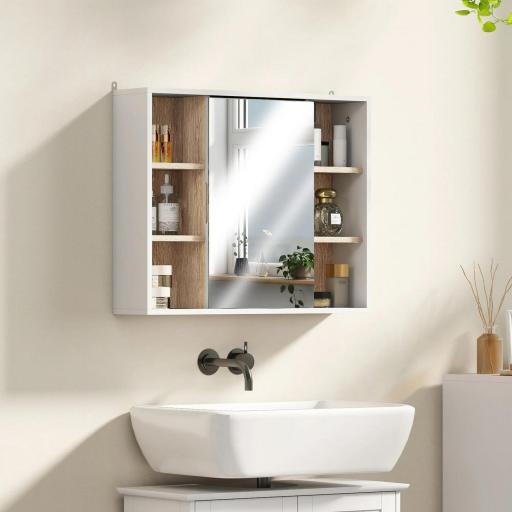 Armario Espejo con Espacio Interno con Estantes Ajustables Armario de Baño Montado en la Pared con Estantes Abiertos 60x14,5x49,4 cm Blanco y Roble [3]