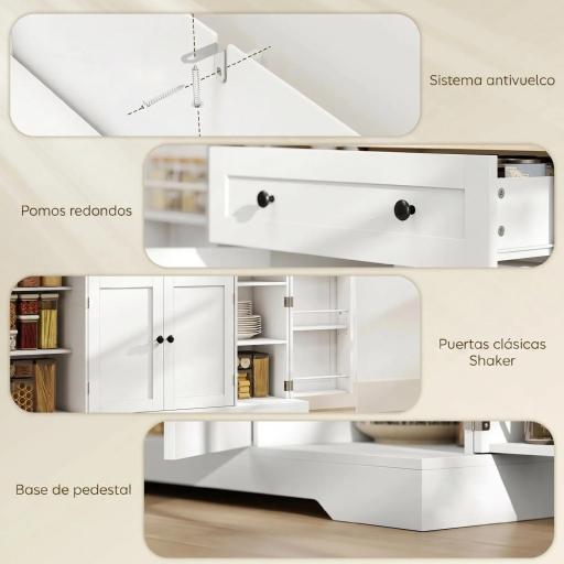 Aparador de Cocina con Cajón Estantes en las Puertas Estantes Ajustables Barra de Café 138x40x83,5 cm Blanco [5]