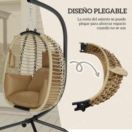 Silla Colgante con Soporte Cesta Plegable Cojín y Reposacabezas para Interior y Exterior Carga 120 kg Beige [2]